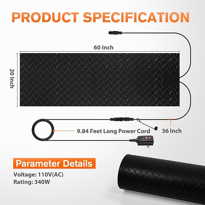 20 Inch x 60 Inch Heated Snow Melting Mat Outdoor, Anti-Slip Heated Walkway Mat with 9.84 Feet Long Power Cord, Waterproof Ice Melting Mat for Doorway Stair Step Path Roof