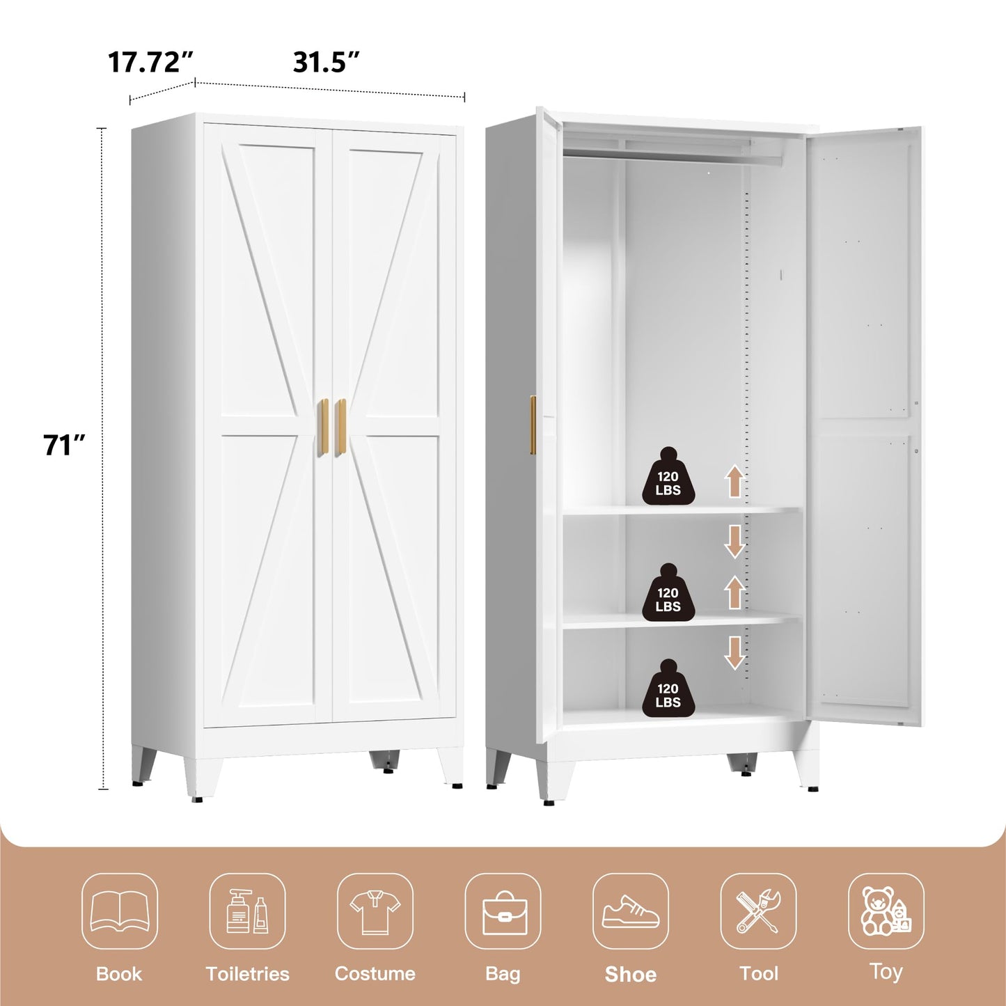 LCAOPC 71" Tall Metal Wardrobe Closet with Adjustable Shelves and Hanging Rod, 2 Doors Free Standing Armoire Wardrobe Cabinet for Bedroom, Office, Laundry Room, White