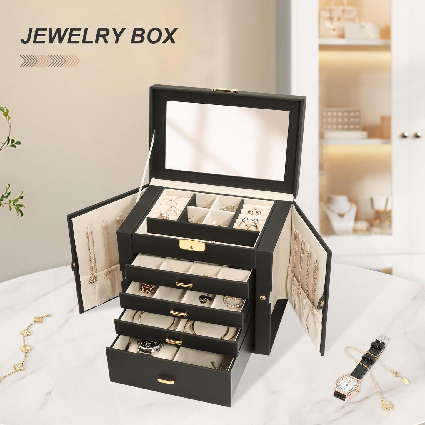 V-LAFUY Large Jewelry Organizers and Storage, Jewelry Box for Women 5 Layers Jewelry Organizer, Large Jewelry Boxes & Organizers for Women, Black