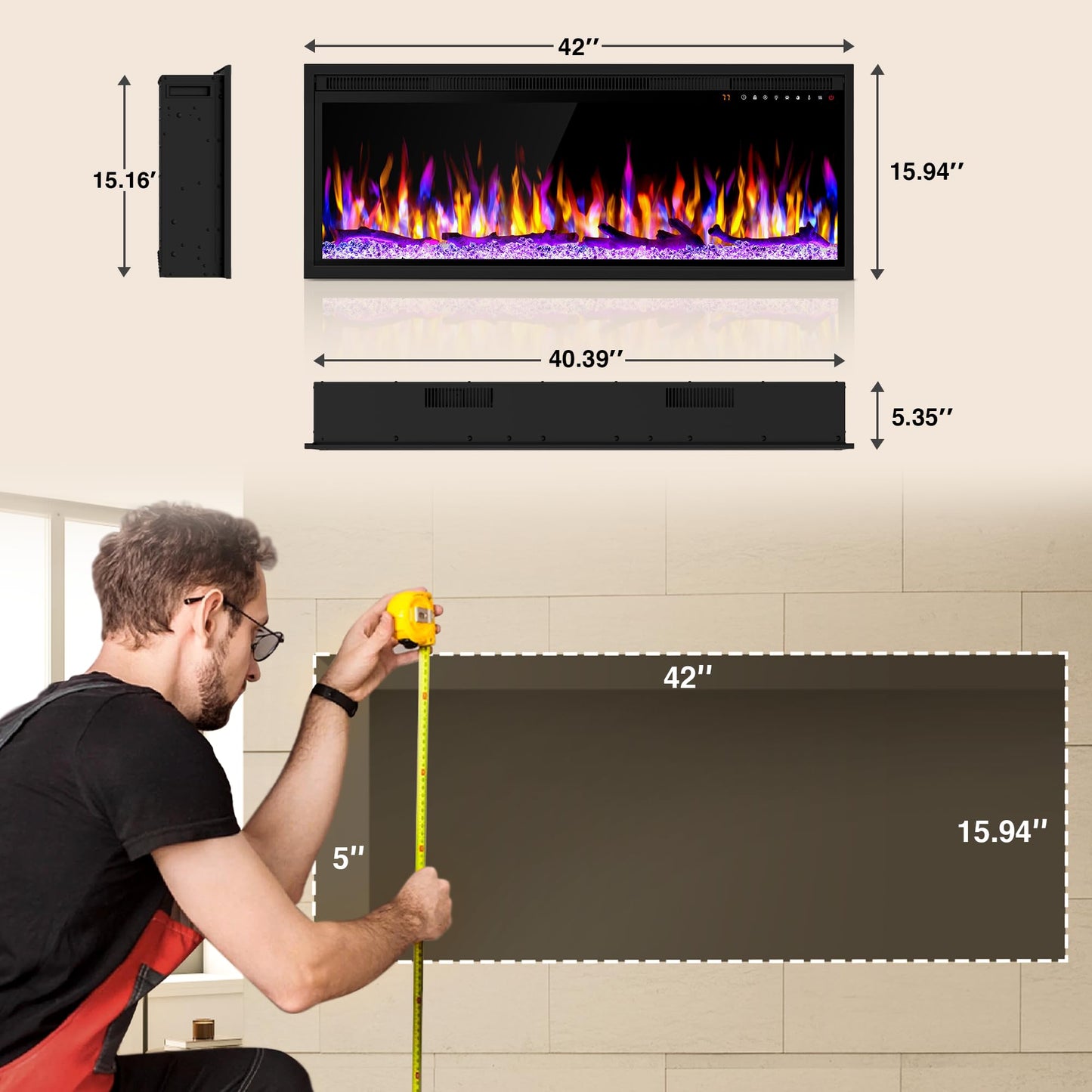 42 inch Electric Fireplace Inserts and Wall-Mounted, 750w/1500w Recessed Fire Place Heater W/Touch Screen & Remote Control, Adjustable 13 Flame Color and 5 Brightness, 12H Timer for Living Room
