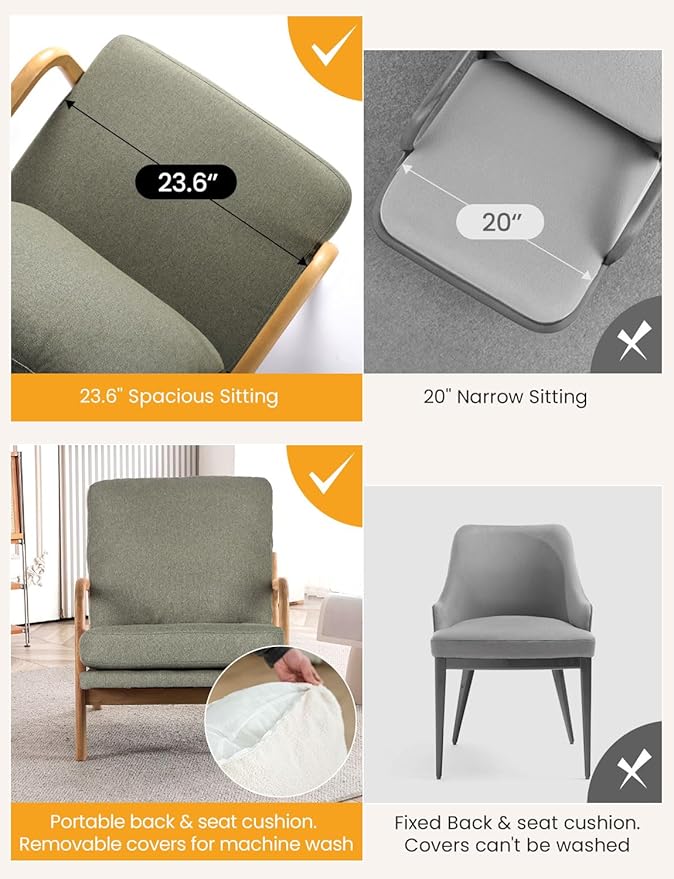 Mid Century Modern Accent Chairs for Living Room, 23” Wide Comfy Chair for Bedroom, Small Cozy Linen Reading Chairs for Adults, 108° Lounge Arm Chair Indoor with Detachable Cover, 5.5" Foam Cushion