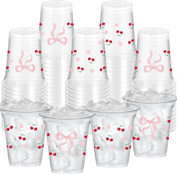 SYUCVQI 40 Pcs Cherry Plastic Cups Pink Bow Drinking Cups for Coquette Party Supplies 12oz Disposable Cup for Pink Cherry ...