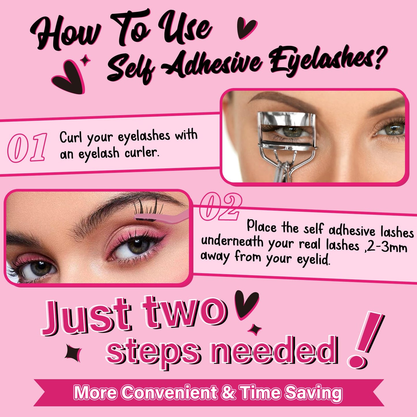 PRO Self Adhesive False Eyelashes,Lash Clusters No Glue Needed Pre Glued No Remover,1 applicator,Easy to Apply, Curved-Thin Band