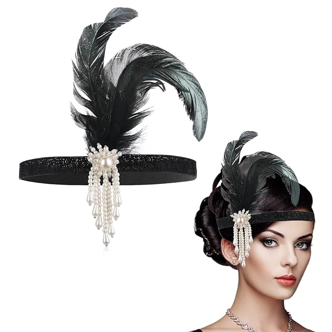 WLLHYF 1920s Flapper Headband, Feather Headwear Headpiece Black Head Wear 1920s Fashion Bling Rhinestone Hair Accessories ...