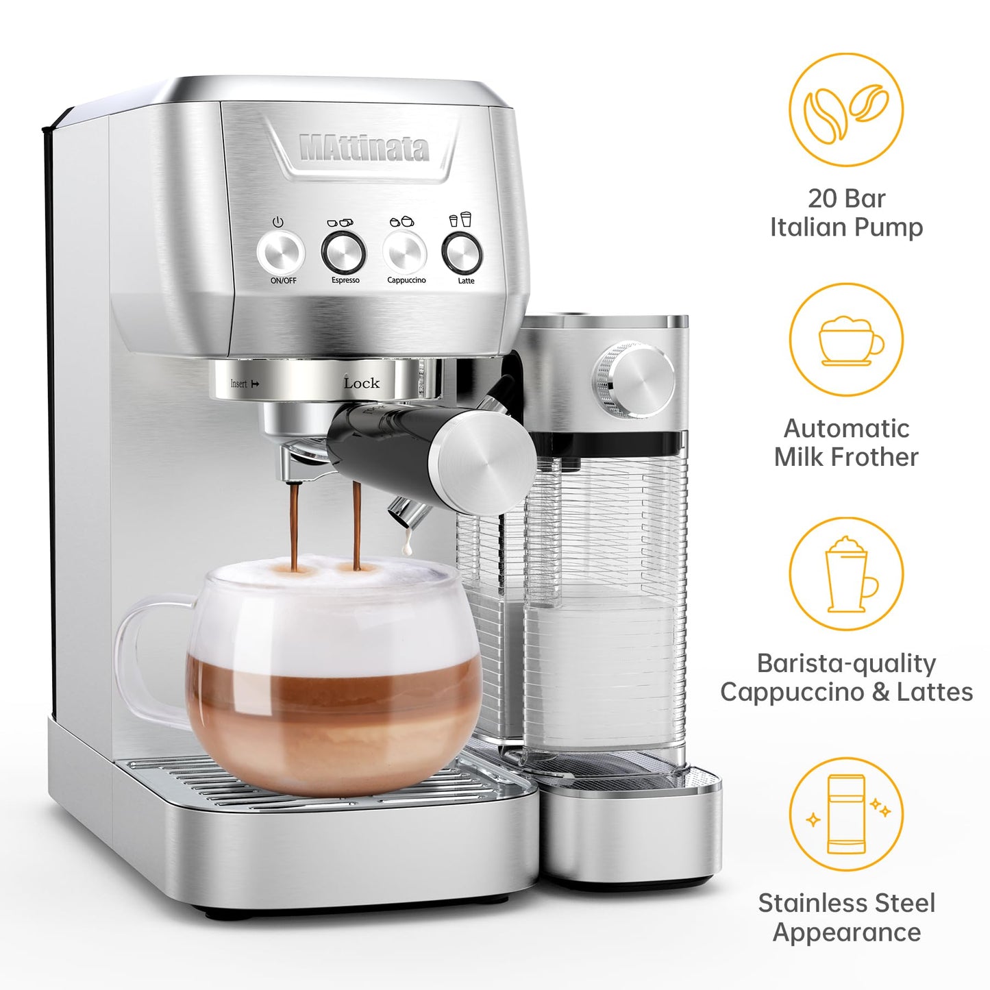 MAttinata CM1632 Cappuccino Machine 20 Bar, Professional Espresso Machines Coffee Maker for Home with Automatic Milk Frothering System, Barista Compact Latte Maker for Coffee Lovers, Stainless Steel