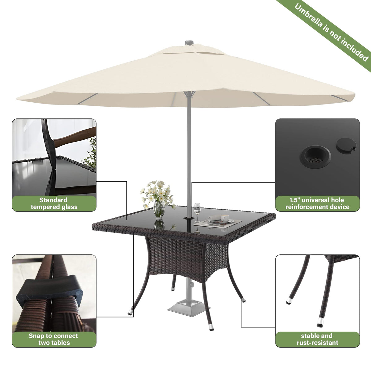 ALAULM 5 Piece Patio Dining Set All-Weather Wicker Outdoor Patio Furniture Set w/Tempered Glass Tabletop, Removable Cushions and Umbrella Hole for Patio, Backyard, Garden, Poolside（Grey）