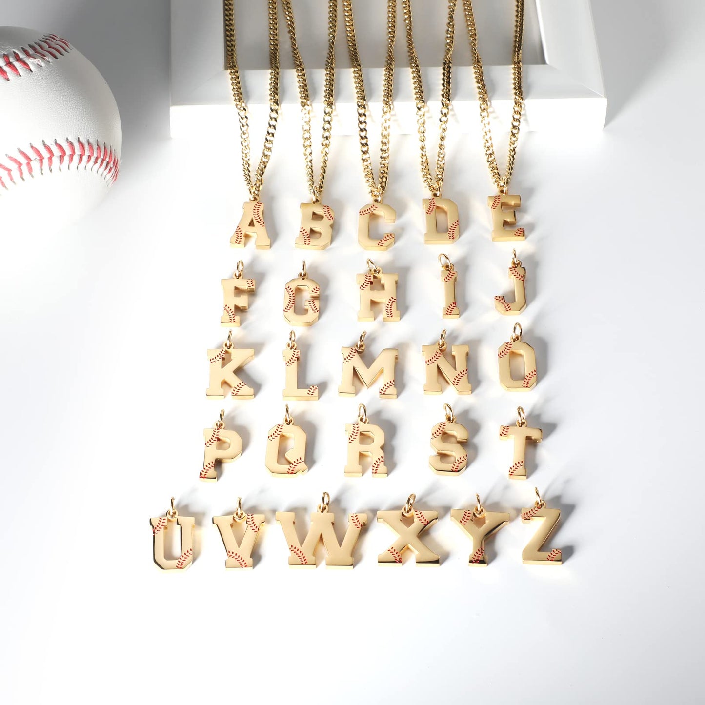 AIAINAGI Baseball Initial A-Z Letter Necklace for Men - Baseball Charm Pendant, Stainless Steel Gold Chain, 22inch Personalized