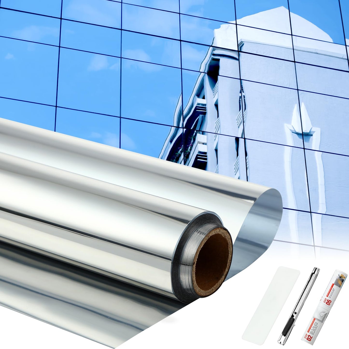 Pushglossy 36 Inch X 26 Ft One Way Window Tint Privacy Reflective Daytime Mirror Film Sun Blocking Thermal Insulated Film Heat Control Static Cling Anti UV for Home Office (Silver)