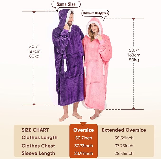 yescool Wearable Blanket Hoodie, Flannel Sherpa Fleece Blanket Sweatshirt for Adults Women Men,One Size Fits All