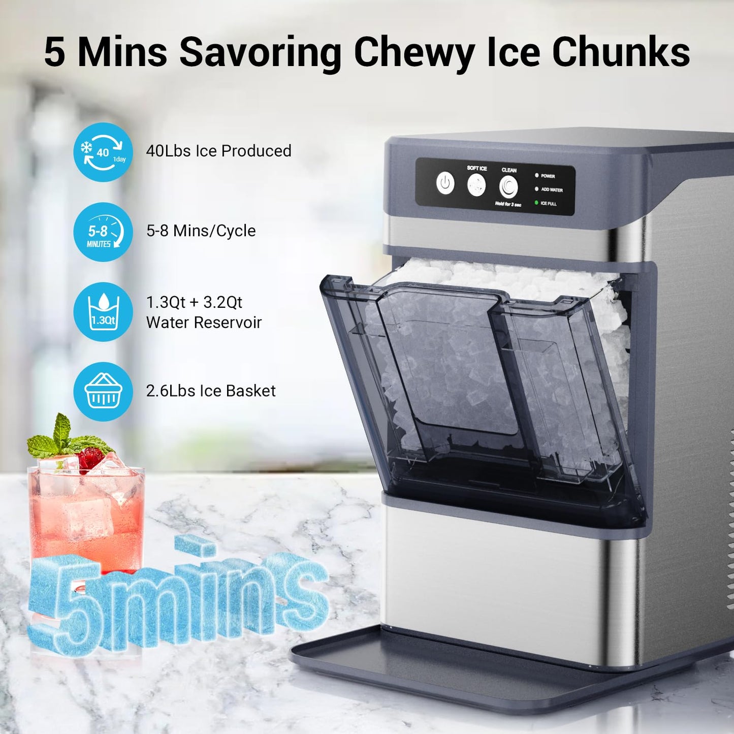 Nugget Ice Maker Countertop with Side Water Tank, 40lbs/Day Self-Cleaning Pebble Ice Maker Machine, Soft Chewable Pellet Ice Ready in 5-8min for Home/Party/RV/Camping