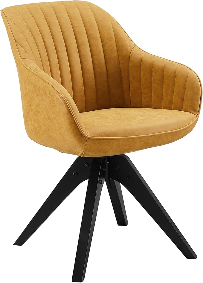 Art Leon Dining Chair, Mid Century Modern Faux Leather Upholstered Swivel Dining Room Chair with Wood Legs, Leisure Side Chair with Arms for Living Room, Yellow Brown
