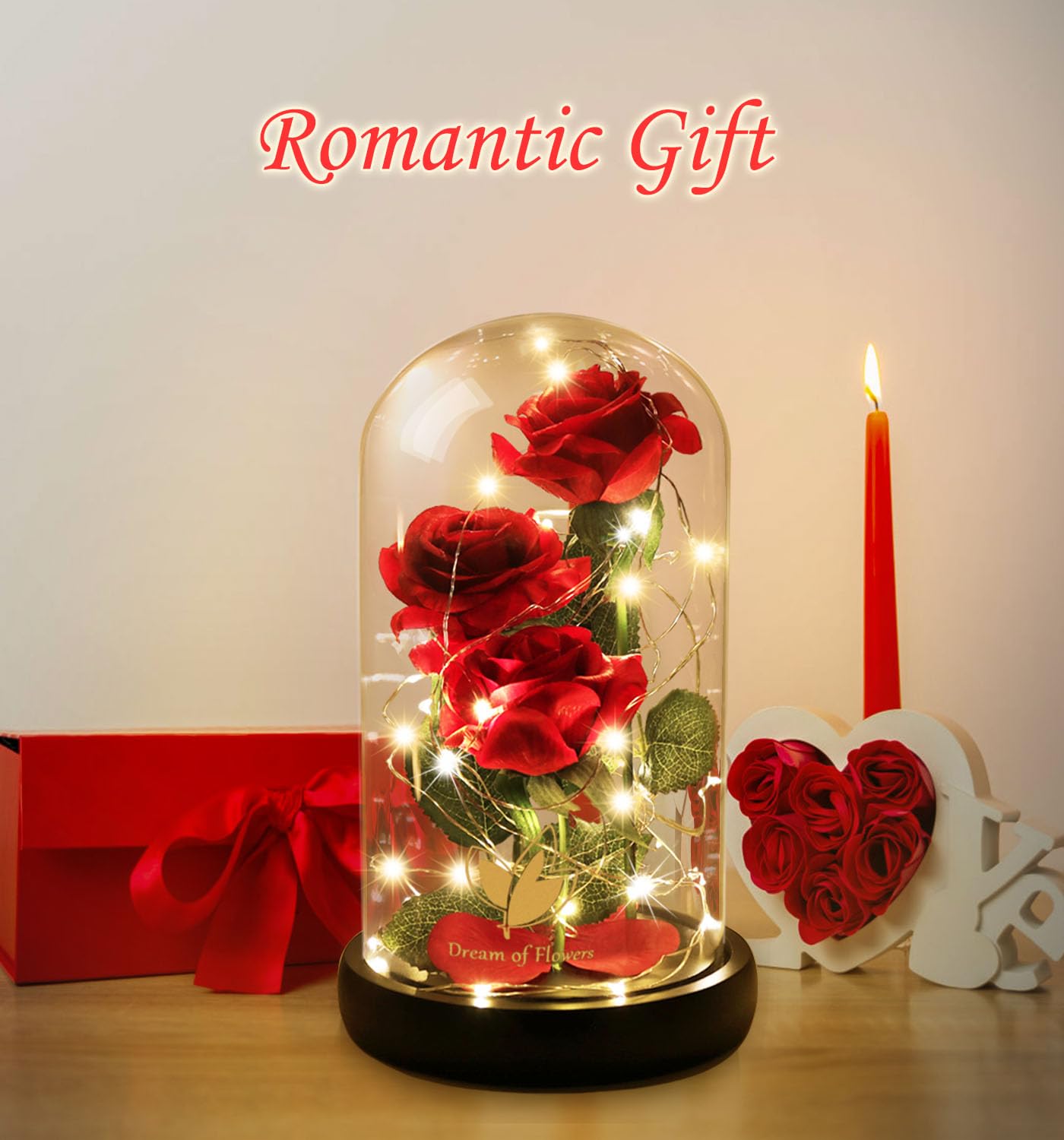 Flower Gifts for Women,Beauty and The Beast Rose in Glass Dome with 2 Lights Mode,Light up Rose Anniversary Romantic Gift for her,Birthday Gifts for Women,Mom,Wife,Girlfriend,Silk Red Rose Gift