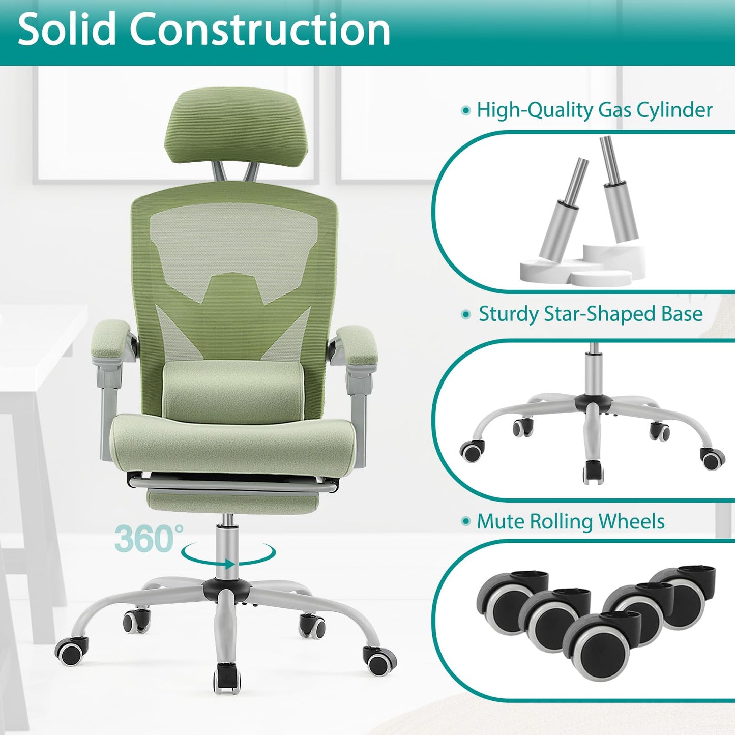 DUMOS Office Desk Chair with Footrest Ergonomic Gaming Chair for Adults Computer Mesh, Lumbar Support,Swivel Reclining with Headrest, Comfy Armrest for Home, Office, Work, Study, Light Green
