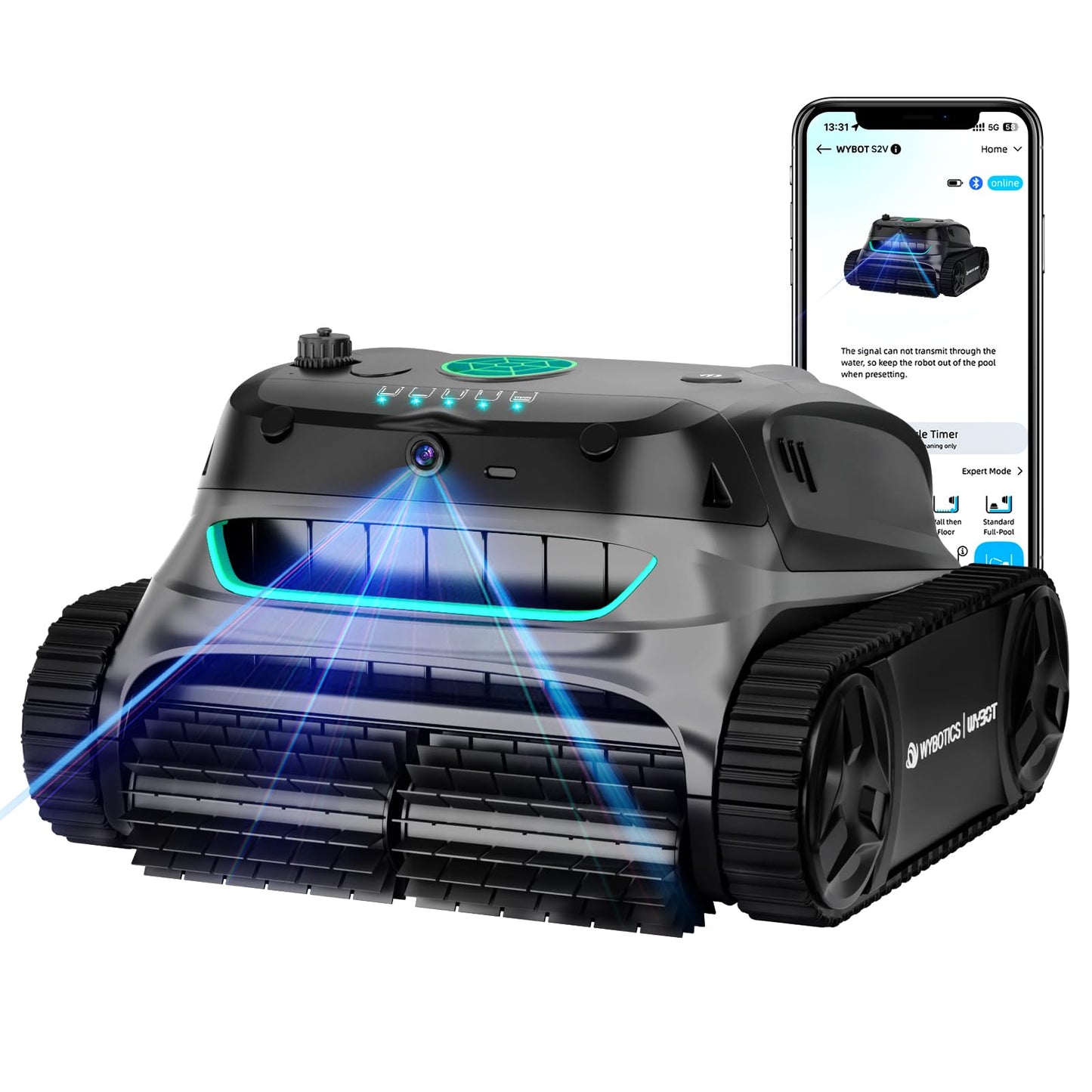 WYBOT S2 Vision AI Camera Cordless Pool Cleaners for Inground Pools, 8-in-1 Pool Vacuum Robot, Brushless Motor Powerful Suction, Wall Climbing, Horizontal Waterline Scrubbing (Grey Green)