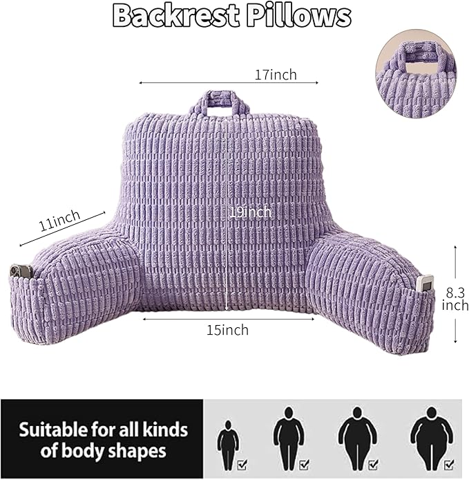 PAJEO Reading Pillow for Sitting in Bed, Large Backrest Reading Pillow with Arm Rest,Back-Rest Support Cushion for Sit Up on Couch, Sofa, and Floor (Light Purple Corduroy, Large(19"))