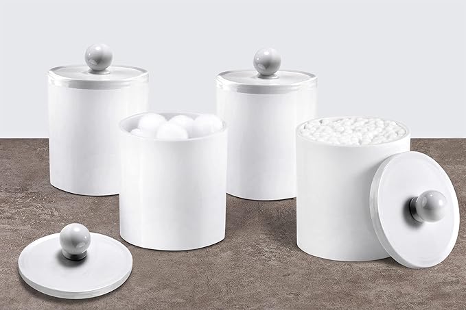 SheeChung 6 Pack Qtip Dispenser Apothecary Jars Bathroom with Labels - Qtip Holder Storage Canister Clear Plastic Acrylic Jar for Cotton Ball/Swab/Rounds,Floss Picks, Hair Clips (White)