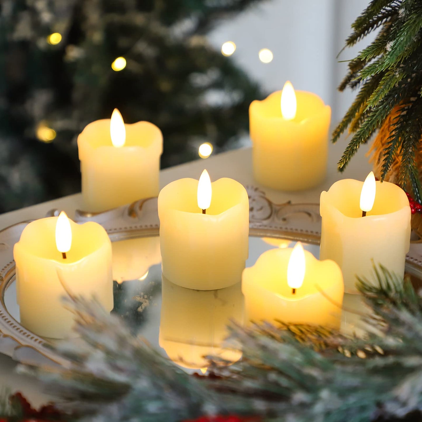 Lezonic Flameless Votive Candles Battery Operated with Remote and Timer, Pack of 6 (D:2" X H:2") LED Ivory White Long Lasting Flickering Wax Candles with Realistic 3D Flame