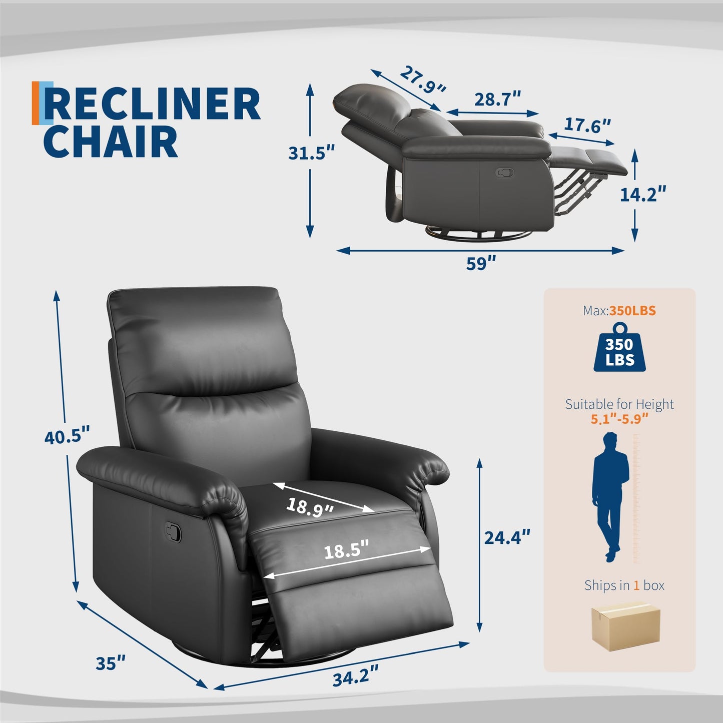 Manual Recliner Chair for Adults, PU Leather Swivel Rocker Recliner with Padded Armrests, Modern Upholstered Reclining Chair for Living Room or Nursery (Black)