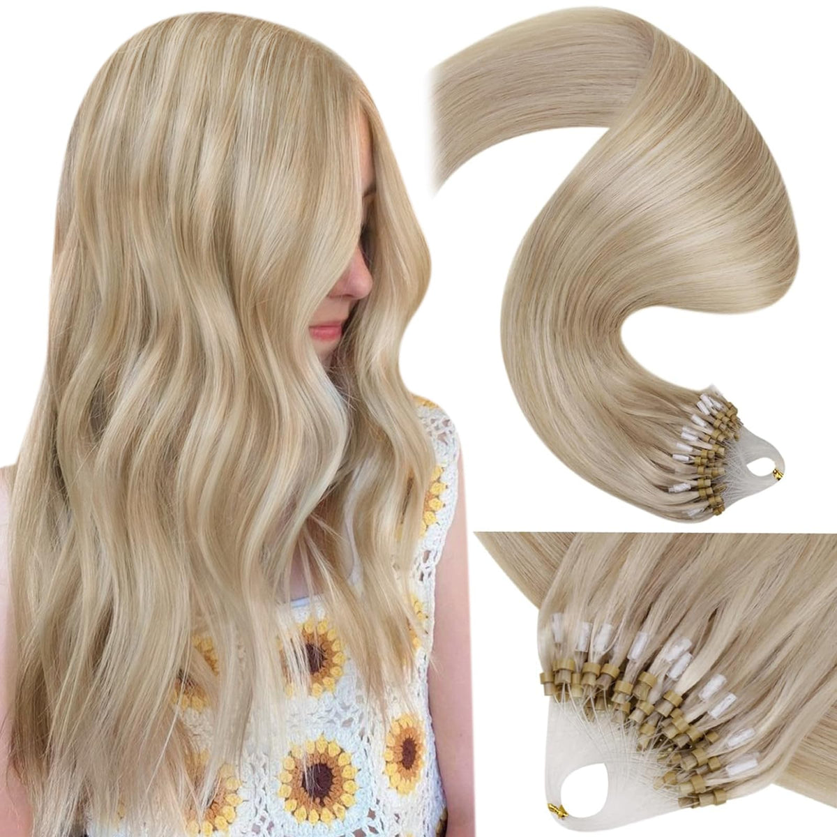 LaaVoo Micro Link Hair Extensions Human Hair Dirty Blonde Highlighted with Platinum Blonde Micro Ring Hair Extensions Human Hair