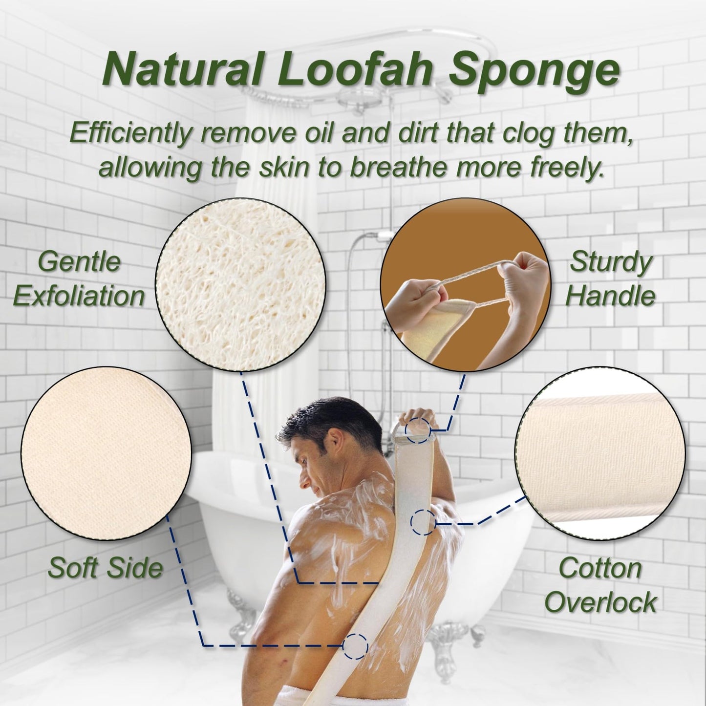 YUNKWONG Natural Loofah Sponge, Exfoliating Body Scrubber for Men Women, Loofah with Handle, Exfoliating Back Scrubber for Showe