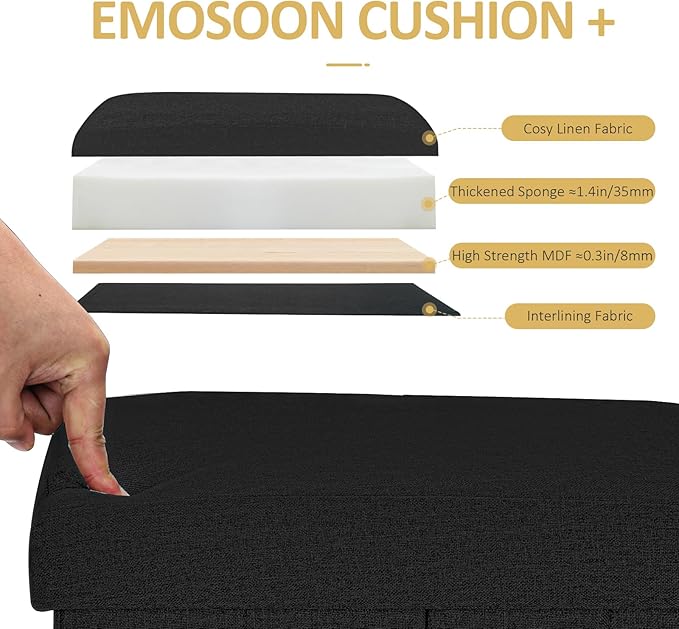 Emosoon Tall Ottoman with Storage Collapsible Fabric Small Slim Folding Ottoman Furniture with Handles Lid for Room Footrest Foot Stool Linen Black 16.5x16.5x11.8in