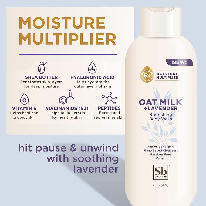 Soapbox Body Wash, Oatmilk & Lavender Liquid Body Wash, Moisturizing Soap with Shea Butter, Vegan Duo Pack of 2 Soap Bottles, 20oz Each