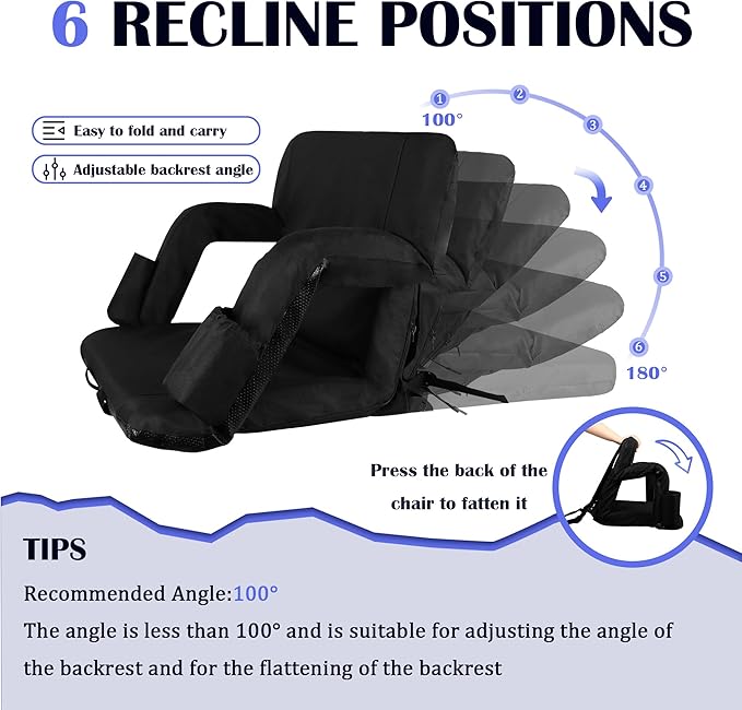 Anmiro Stadium Seats with Back Support Bleacher Chairs with Back and Extra Wide Cushion Thick Padded Bleacher Portable Reclining Seats for Football, Baseball and Basketball (Black, Medium)