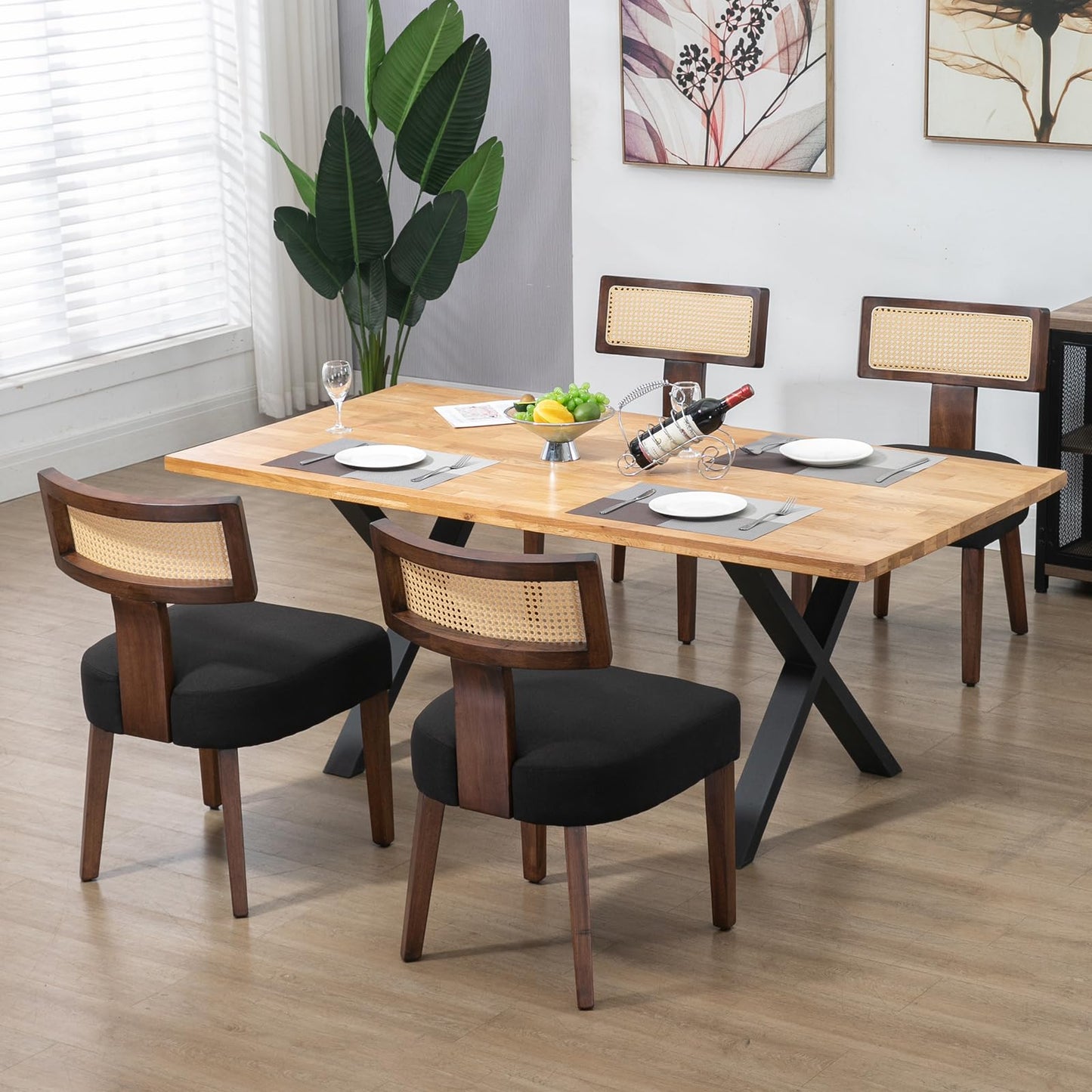 ZJhome Upholstered Rattan Dining Chairs Set of 4, Mid-Century Modern Fabric Dining Room Chairs with Brown Hardwood Frame, Curved Backrest Kitchen Armless Accent Chairs for Living Room (Black)