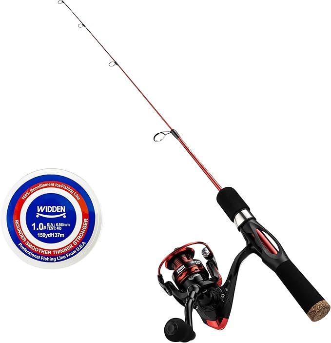 WIDDEN Ice Fishing Rod and Reel Combo, 27" Medium Light Spinning Ice Fishing Pole, Gear with Tackle Box Kit, Line, Lures f...