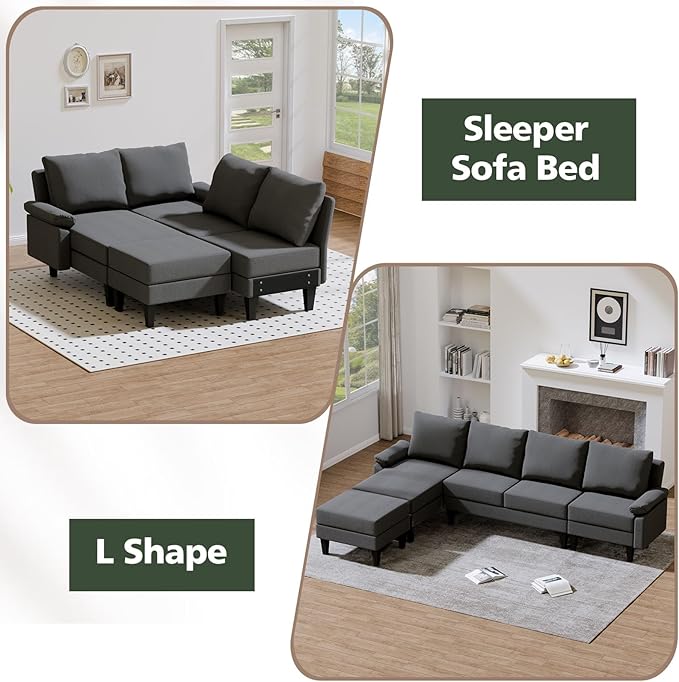 Topcomfy U-Shaped Sectional Couches for Living Room, Convertible 4 Seat Modular Sectional Sofa Set with Ottoman, Modern L Shaped Couch with Chaise for Apartment and Office, Polyester Dark Gray