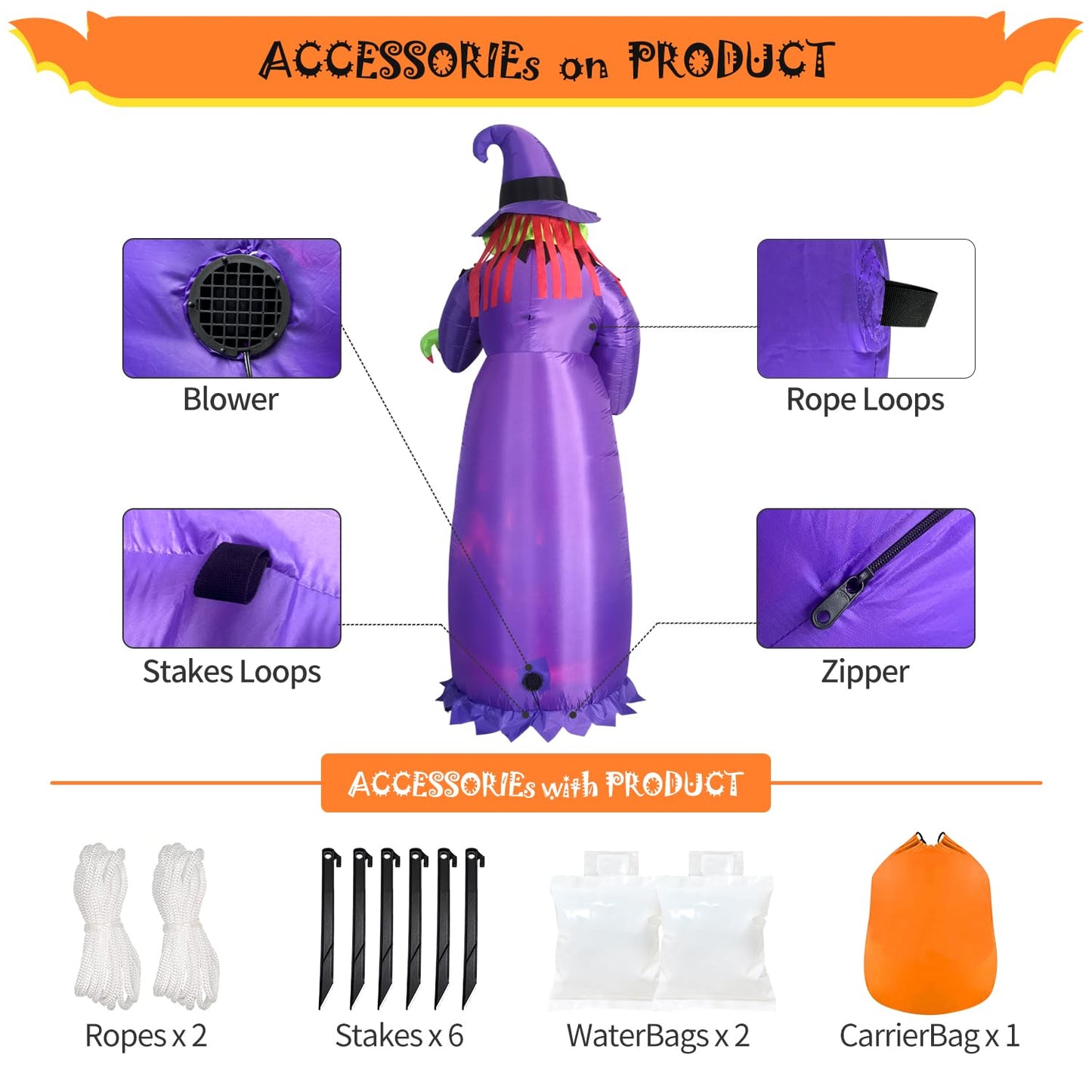 DomKom [Flame Light] 10FT Huge Halloween Inflatable Decoration Witch with Built-in LED Magic Lights, Gaint Holiday Blow Up Decoration for Scary Halloween Party Outdoor, Yard, Garden Lawn Huge Décor