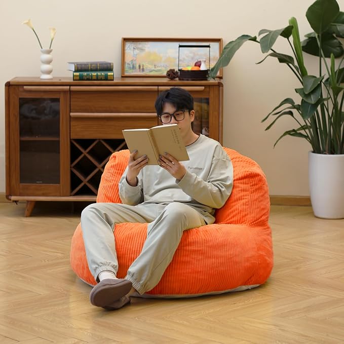 N&V Large Crescent Bean Bag Chair, Adult Size Bean Bag Sack, Foam Filling, Soft Premium Corduroy Bean Bag for Living Room Bedroom Dorm and Office (Tangerine)