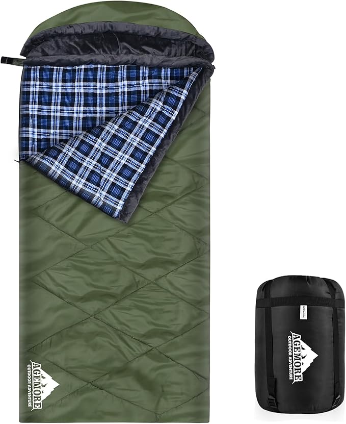 AGEMORE Cotton Flannel Sleeping Bag with Fleece Lined Hood, Waterproof XL Sleeping Bag for Adults, for Cold Weather Campin...