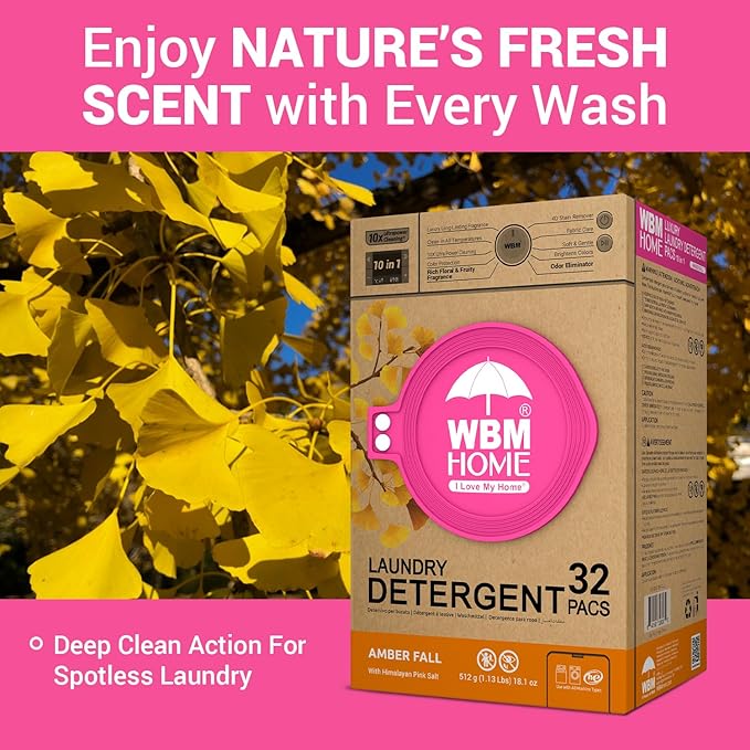 WBM Laundry Detergent Pods, 32 Count | Amber Fall Fragrance | 10 in 1 Laundry pods Detergent Ultra Power Cleaning with Plant-Based Scent, Extra Protection With 4D Stain Remover