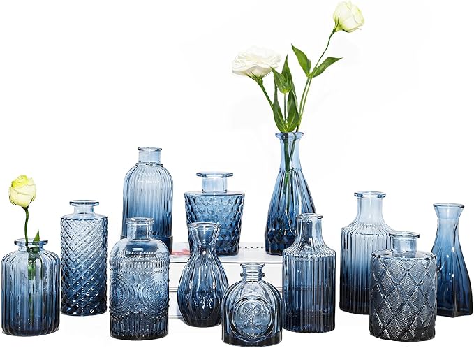 TBWIND 12Pcs Blue Glass Bud Vases Set, Small Vases for Flowers, Perfect for Centerpieces at Parties, Baby Showers, Wedding...