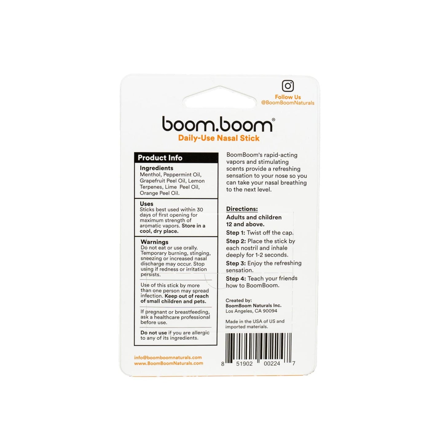 BoomBoom Nasal Stick | Vapor Flow Technology | Cool Refreshing Sensation | Natural Mood Boost | Simple Ingredients | Essential Oils + Menthol Inhaler (Tropical)