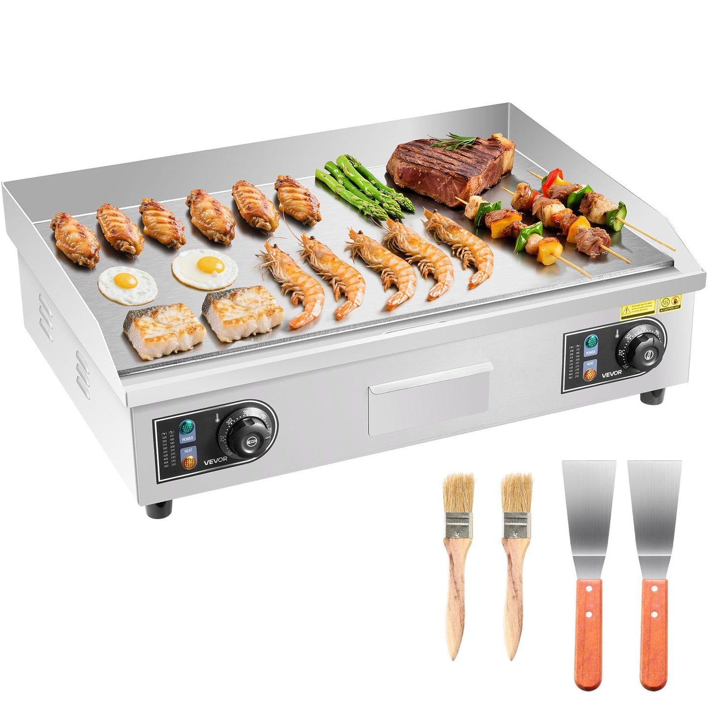 VEVOR Commercial Electric Griddle, 25.79 x 15.75 inch, 2800W, 122-570°F Adjustable Temp Control, Stainless Steel Body, Full Flat, with 2 Spatulas, 2 Brushes, and 4 Foot Pads, for Steak, Pancake