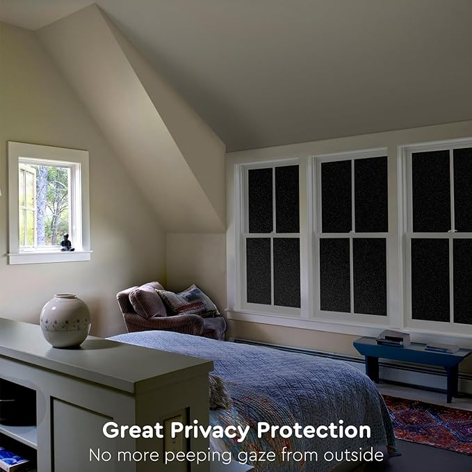Kromapolis Blackout Window Privacy Film Total Light Blocking Room Darkening Window Covering, Removable Static Cling Frosted Glass Tint, Non-Adhesive, Black 45.2'' x 236.2''