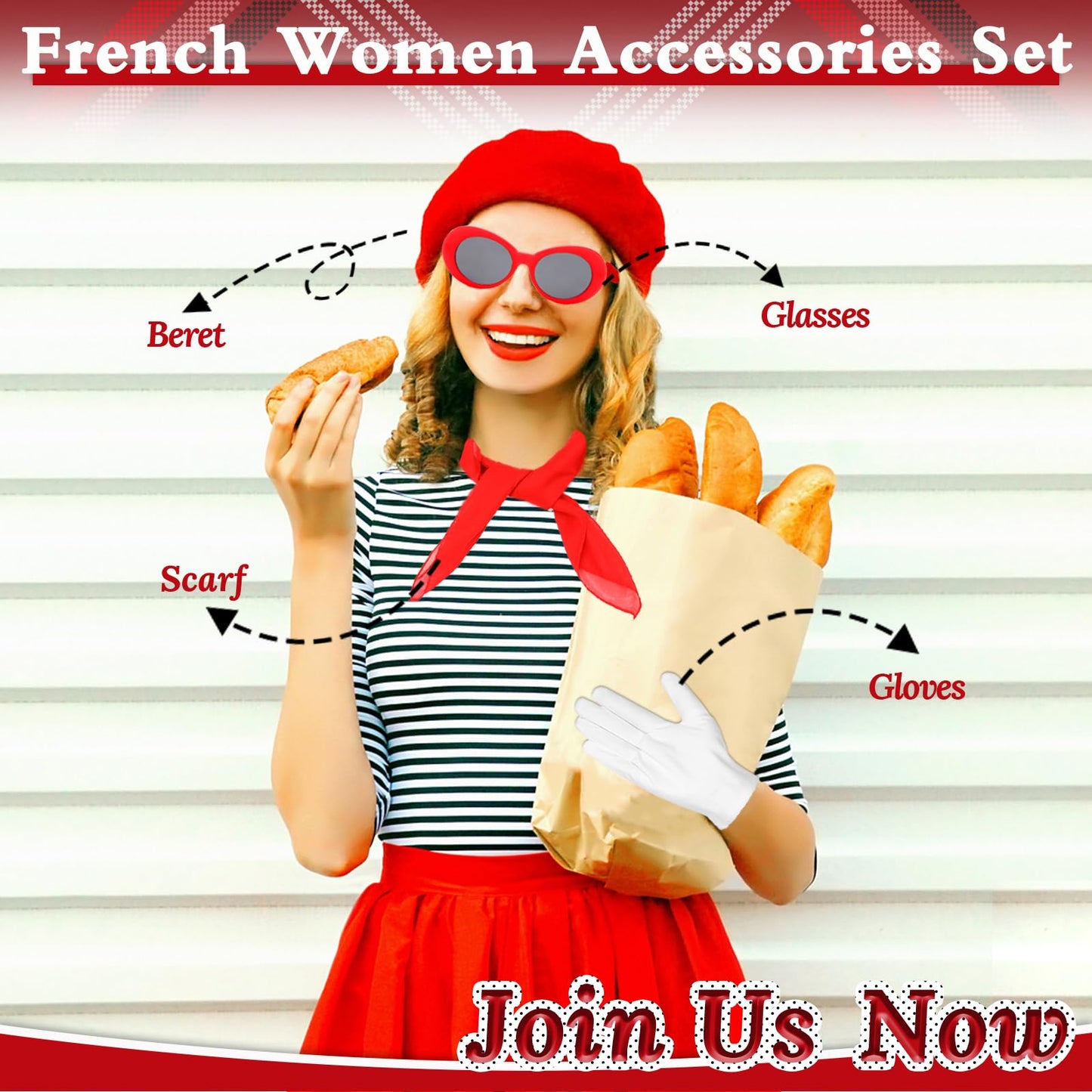French Women set, Women Fancy Dress Costume Accessories Set French Artist Mime Kit with Red Beret Scarf Sunglasses Gloves for Cosplay Party Supplies Dress Up