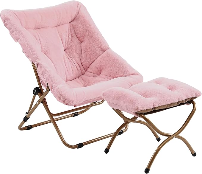 Givjoy Comfy Folded Chair with Ottoman, Oversized Folding Faux Fur Chair Soft Furry Lounge Lazy Chair with Metal Frame Moon Chair Accent Chair for Bedroom, Living Room, Dorm Rooms