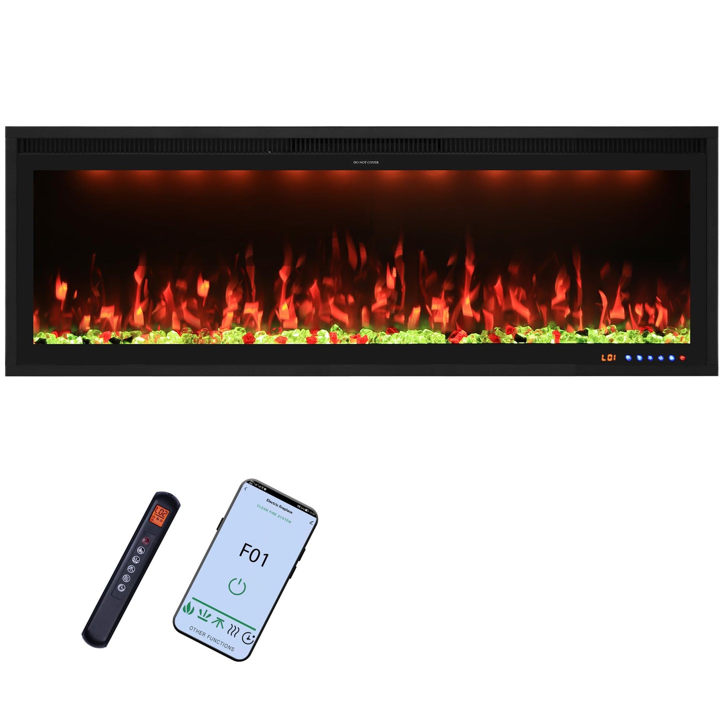 Valuxhome 48 inch Smart Wall Mounted/Recessed Electric Fireplace Insert, Ultra-Thin Fireplace Heater, Adjustable Flame Effect, Log & Crystal, 400 Sq.ft, App & Touchscreen & Remote, 750/1500W, Timer