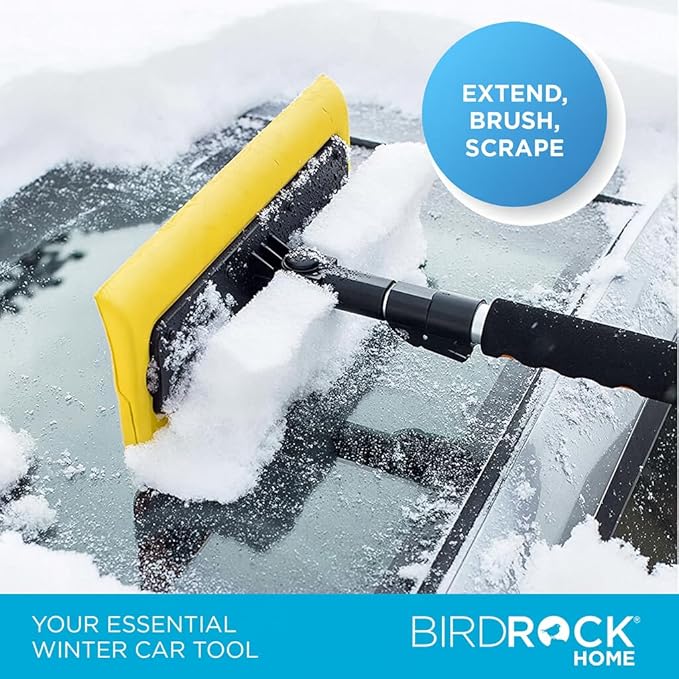 BIRDROCK HOME 55" Extendable Snow Brush with 14" Foam Head & Detachable Scraper | Aluminum Grip for Car, Truck, SUV | Safe on Auto Windshield & Windows | Wide Frost Remover - Yellow