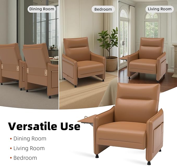 Tbillionnext Upholstered Accent Sofa, Modern Faux Leather Sofa Chair with Hidden Foldable Tray & Side Pocket, Rear Contour Arm Design, Small Accent Sofa for Bedroom, Brown