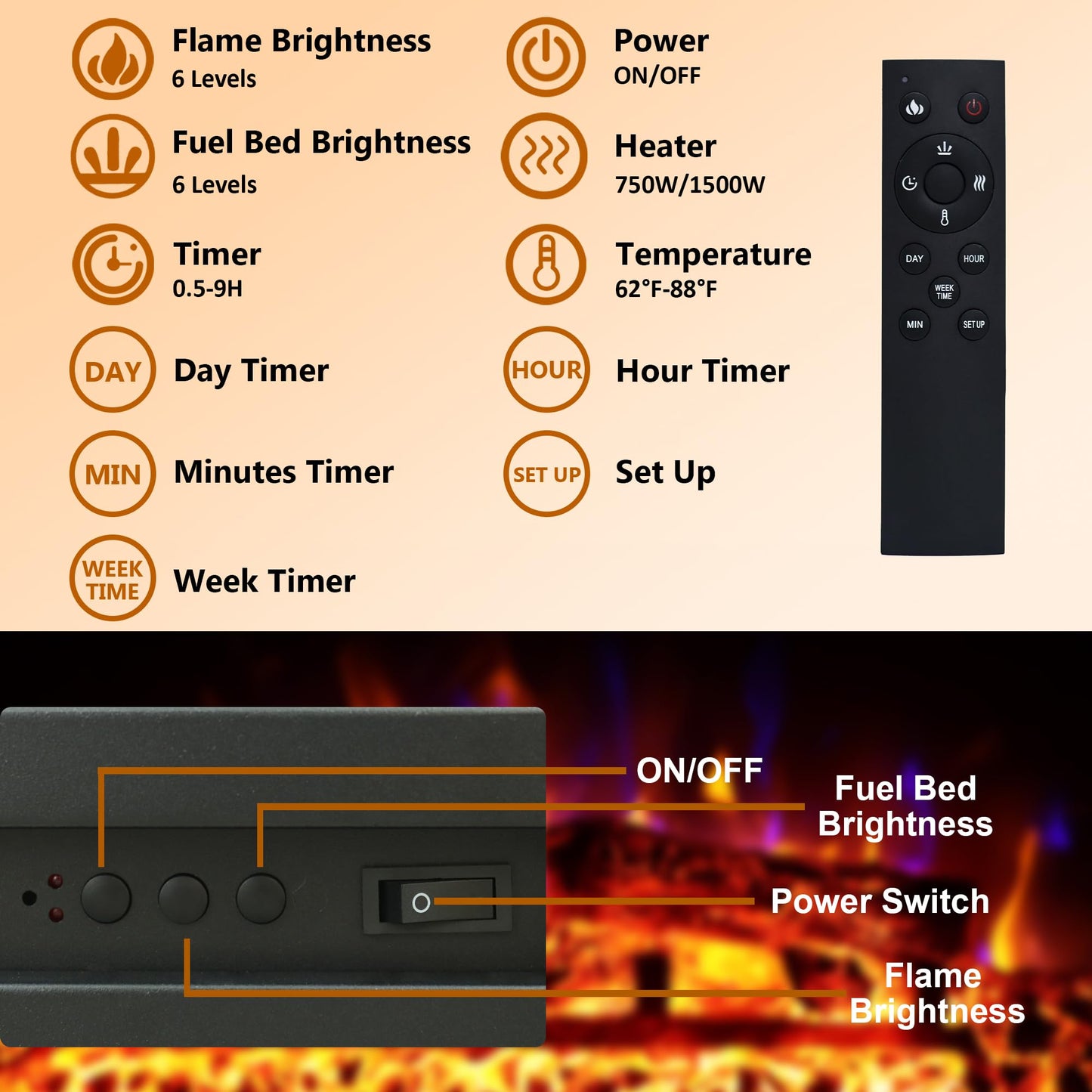 23.6 Inch Electric Fireplace Insert, Recessed Electric Fireplace Heater with Adjustable Brightness, Weekly Timer, Remote Control, Overheat Protection, 750/1500W