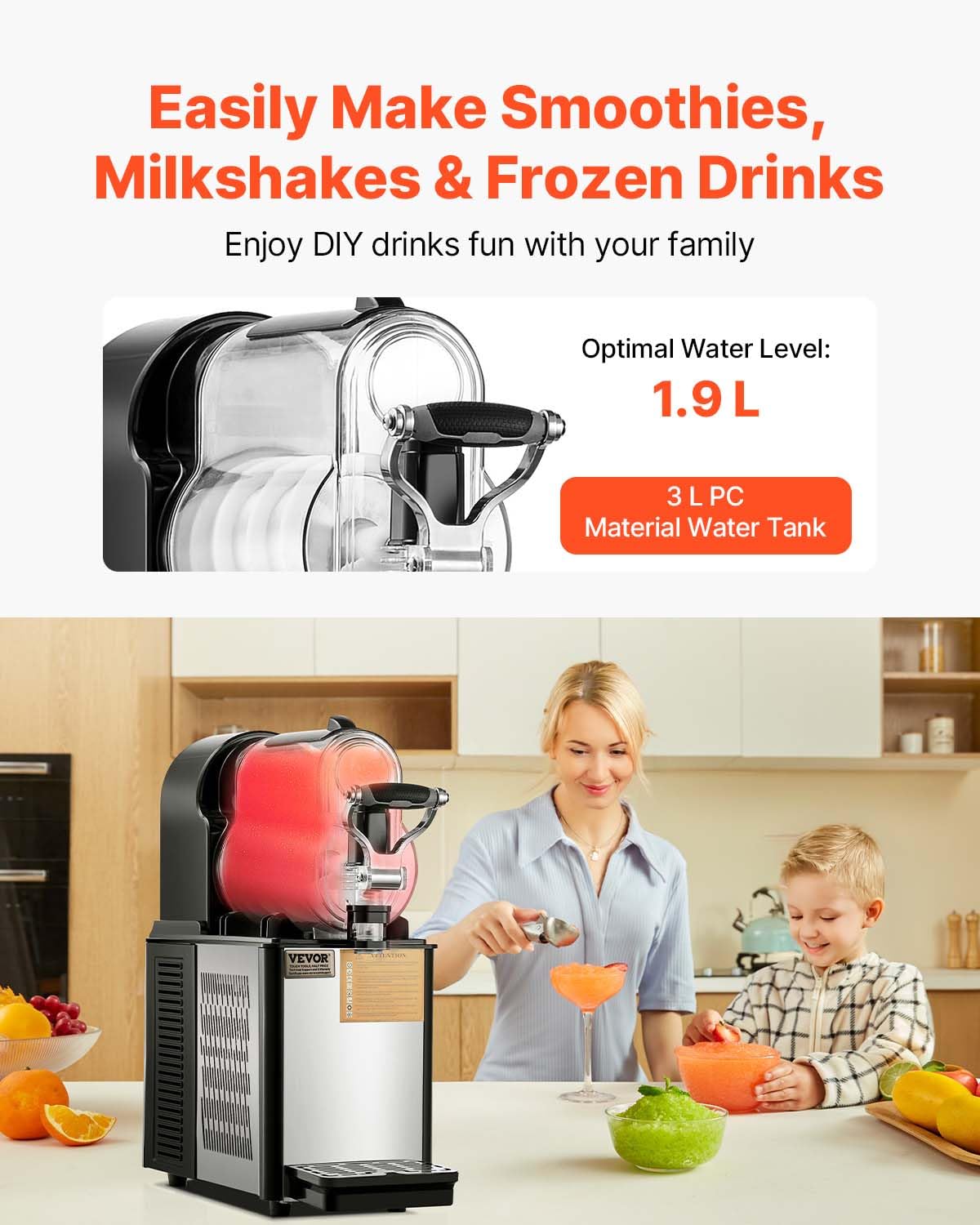 VEVOR Commercial Slushy Machine, 3L×1 Single Tank Frozen Beverage Maker, 12-Cup Stainless Steel Slushie Machine, Margarita Frozen Drink Smoothie Maker, for Restaurants, Bars, Cafes, and Food Truck