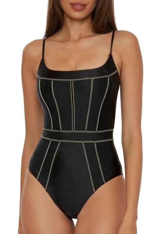 BECCA Color Sheen - Women's One Piece Swimsuit, Sexy Satin, Bathing Suits for Women, Black, Large
