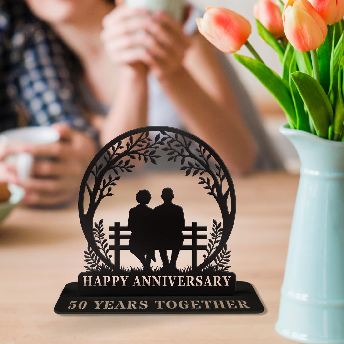 50th Anniversary Iron Table Decor for Couple Parents Friends Golden Wedding Gift Metal Sculpture Decoration for 50 Year Marriage Celebration