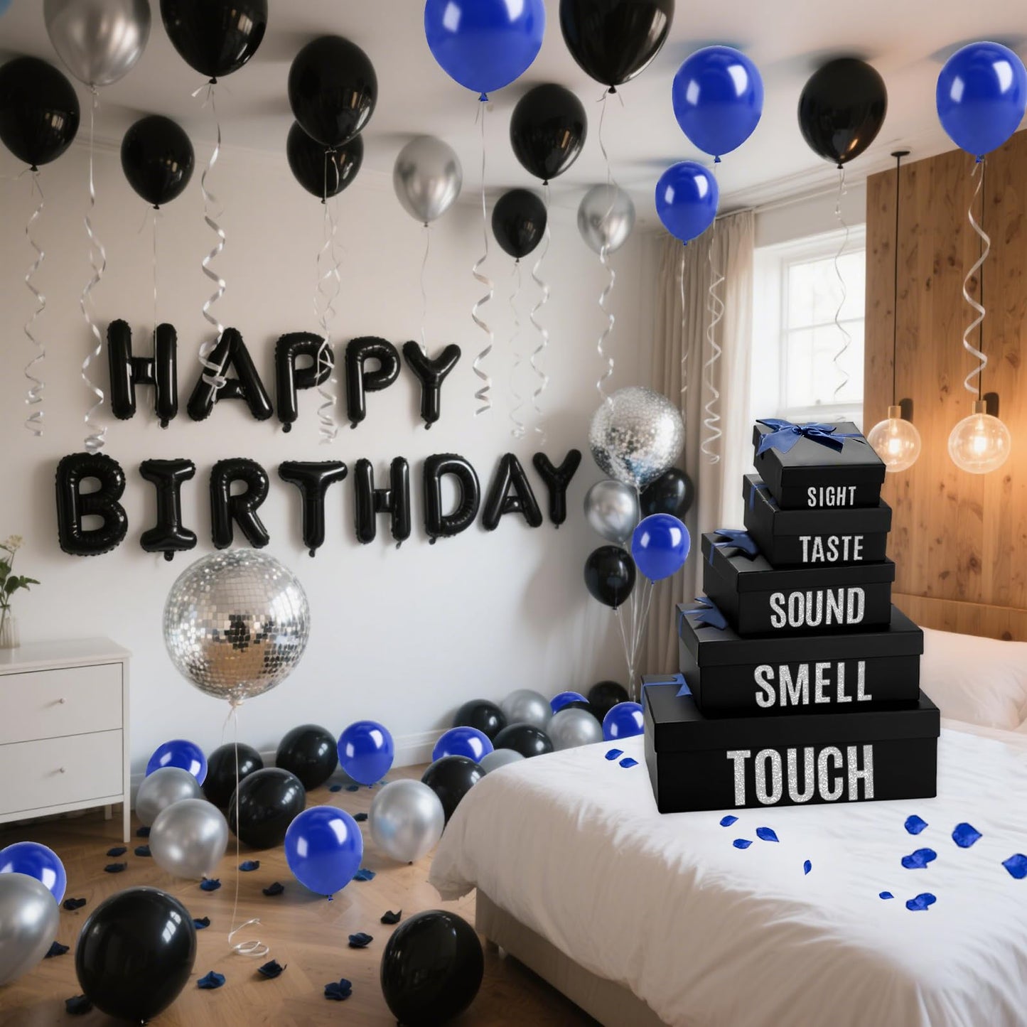 5 Senses Gift Boxes for Him Five Senses Gift Birthday Decorations Black Nesting Gift Boxes With Lids Happy Birthday Banner Balloon for Husband Boyfriend (Blue black)