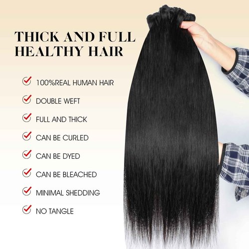 Human Hair Bundles with Closure Straight(14 16 18 +12,Free Part) Closure with 3 Bundles Brazilian Virgin Hair 16A Extensions with Pre Plucked with Baby Hair 4X4 HD Lace Closure Natural Black Color