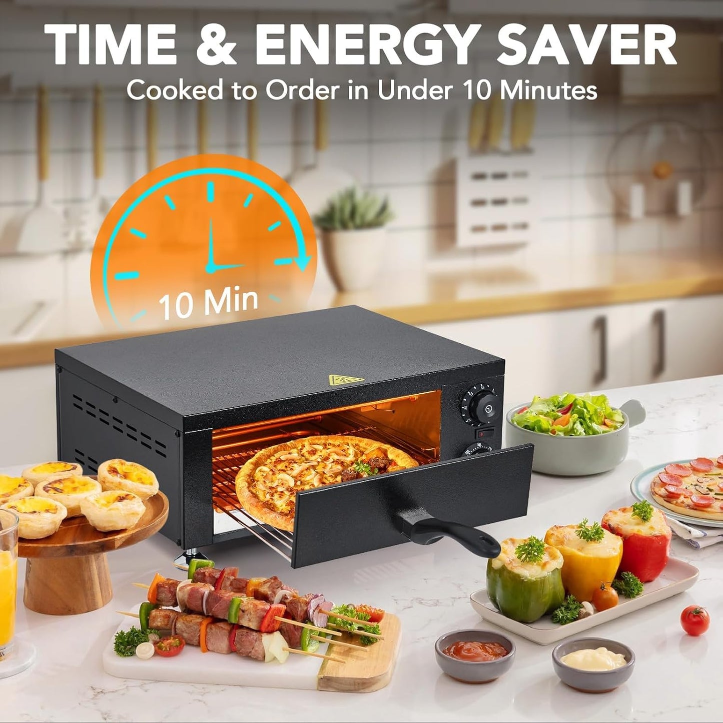 High-Speed Commercial Pizza Oven 12" 1100W | Sealed Stainless Steel with 60-Min Timer | for Pizzeria, Food Truck, Catering | Countertop Electric Baking Machine